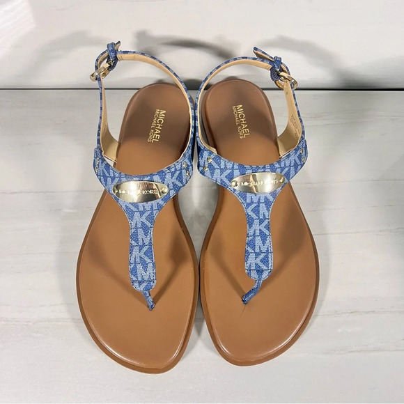 Michael Kors Plate Flat Thong Sandal Blue Denim Monogram Womens Size 8 - Picture 7 of 12